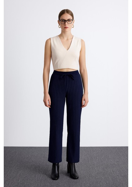 Esnek Yüksek Bel Geniş Paça Çizgili Pantolon Lacivert indirimleri