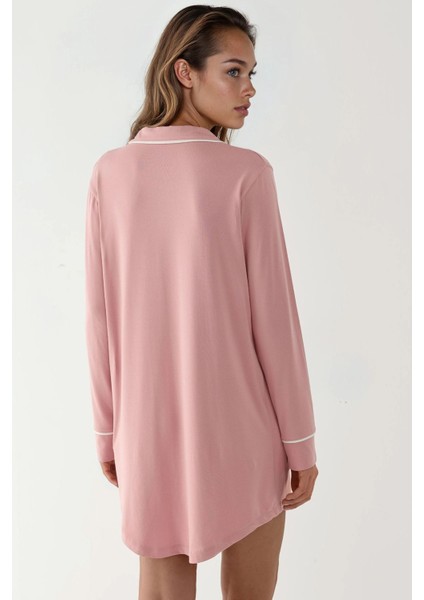 Kadın Ekstra Yumuşak Gömlek Yaka Mini Rahat Gecelik Toz Pembe fırsatları