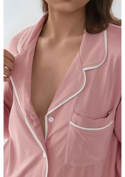 Kadın Ekstra Yumuşak Gömlek Yaka Mini Rahat Gecelik Toz Pembe indirimleri