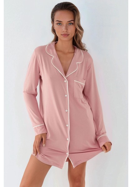Kadın Ekstra Yumuşak Gömlek Yaka Mini Rahat Gecelik Toz Pembe