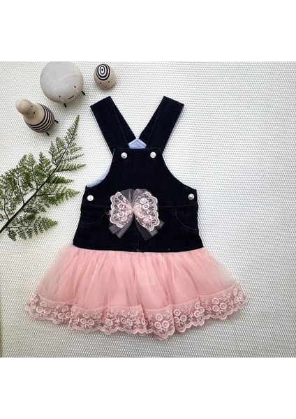 Litaetrend 2-3-4 Yaş Fiyonklu Düğme Detaylı Tül Etek Kot Kumaş Salopet Kız Çocuk Elbisesi Siyah-Pudra