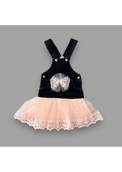 Litaetrend 2-3-4 Yaş Fiyonklu Düğme Detaylı Tül Etek Kot Kumaş Salopet Kız Çocuk Elbisesi Siyah-Pudra fiyatları