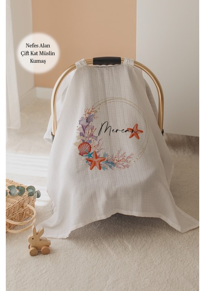 %100 Pamuk Isme Özel Çift Katlı Müslin Puset Örtüsü - Deniz Yıldızı