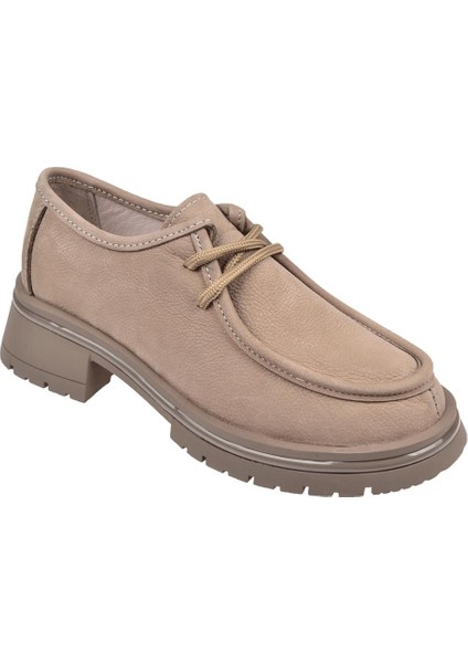 Hakiki Deri Bağcıklı Kadın Ayakkabı BEE-5547 Vizon Nubuk