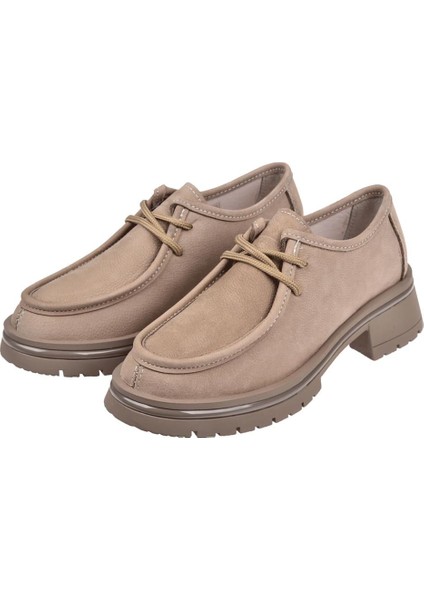 Hakiki Deri Bağcıklı Kadın Ayakkabı BEE-5547 Vizon Nubuk fırsatları