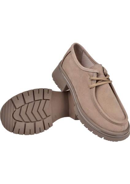 Hakiki Deri Bağcıklı Kadın Ayakkabı BEE-5547 Vizon Nubuk indirimleri