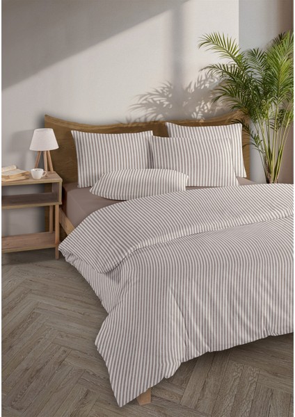 Striped %100 Pamuk Ranforce Yezra Bej Ipliği Boyalı Nevresim Takımı Tek Kişilik - 160X220 cm