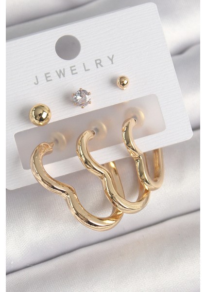 Pirinç Gold Renk Kalp Model Zirkon Taşlı Topçuk Detay Kadın Küpe Seti