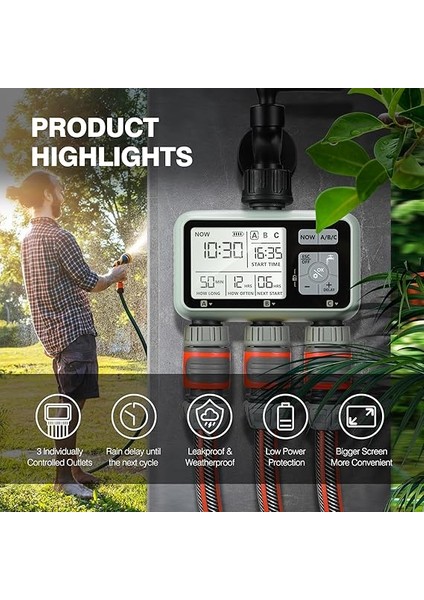 Su Zamanlayıcı Sulama Sistemi, 3 Çıkışlı Su Yağmurlama Zamanlayıcı Çim ve Bahçe Sulama Ekipmanları/otomatik Sulama Sistemi/ıpx5 Su Geçirmez/çocuk Kilit Modu/çimler Için Yağmurlama modelleri