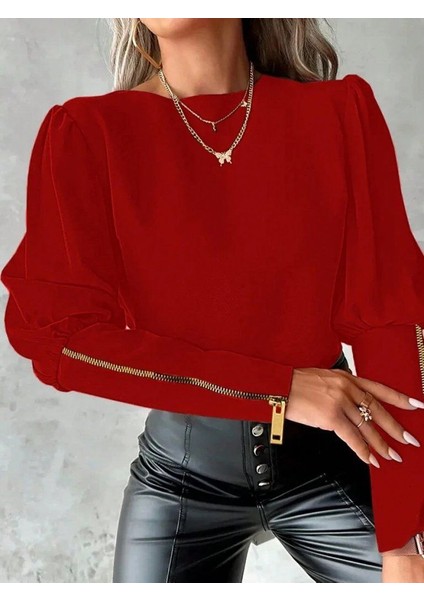 Uzun Kollu Bisiklet Yaka Fermuar Detaylı Ithal Krep Bluz