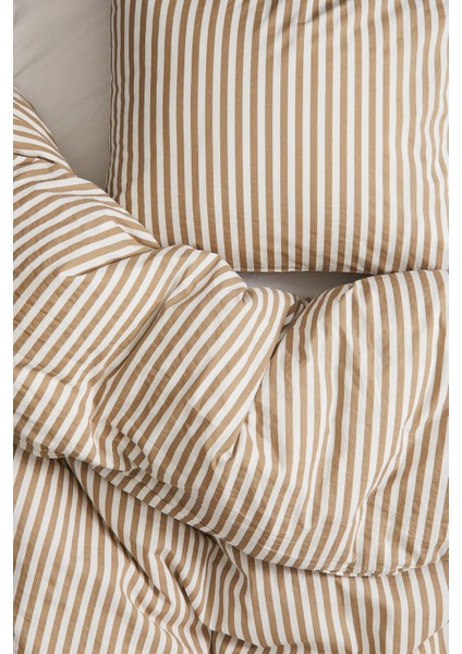Natural Ranforce Beige Çizgili Çift Kişilik Nevresim Takımı %100 Organik Pamuk