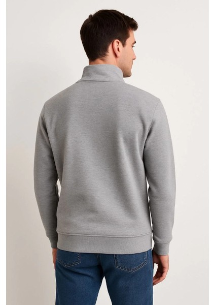Erkek Dik Yaka Sweatshirt Dik Yaka Yarım Fermuarlı 3 Iplik Şardonlu Pamuk Kumaş - Gri fiyatları