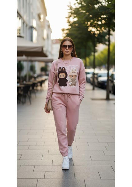 Kadın Soft Touch Ayıcık Desenli %100 Pamuk Sweatshirt - Casual Fit- Krem/pembe