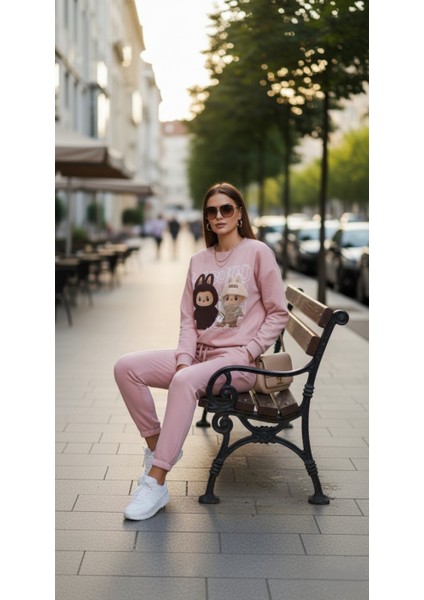 Kadın Soft Touch Ayıcık Desenli %100 Pamuk Sweatshirt - Casual Fit- Krem/pembe fiyatları