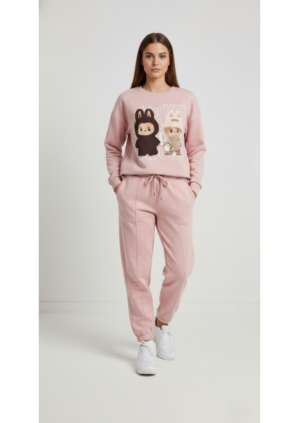 Kadın Soft Touch Ayıcık Desenli %100 Pamuk Sweatshirt - Casual Fit- Krem/pembe modelleri
