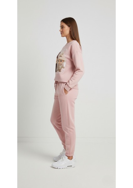 Kadın Soft Touch Ayıcık Desenli %100 Pamuk Sweatshirt - Casual Fit- Krem/pembe fırsatları