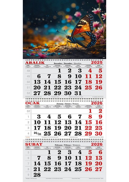 2026 Yılı Gemici Takvimi- Rengarenk Çiçekler ve Kelebek