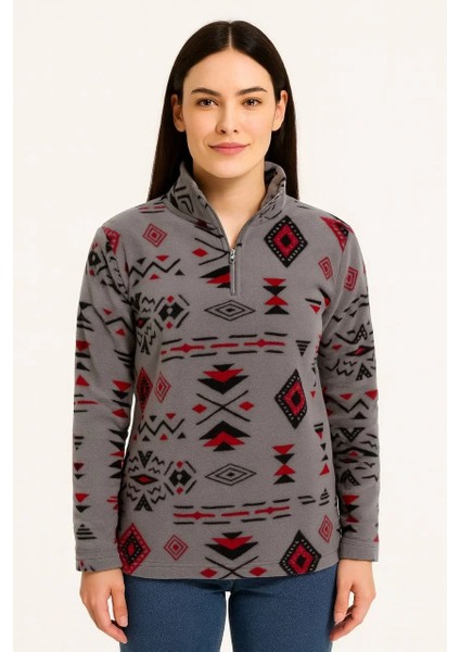 Kadın Yarım Fermuarlı Desenli Polar Sweat Tribal Etnik Desen Yakalı, Uzun Kollu, Oversize Rahat Kalıp - Füme fiyatları