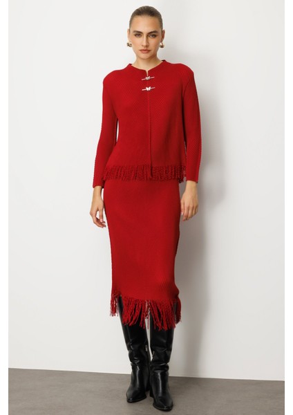 Kadın Beli Lastikli Püsküllü Etek 3911 Bordo