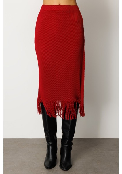 Kadın Beli Lastikli Püsküllü Etek 3911 Bordo modelleri