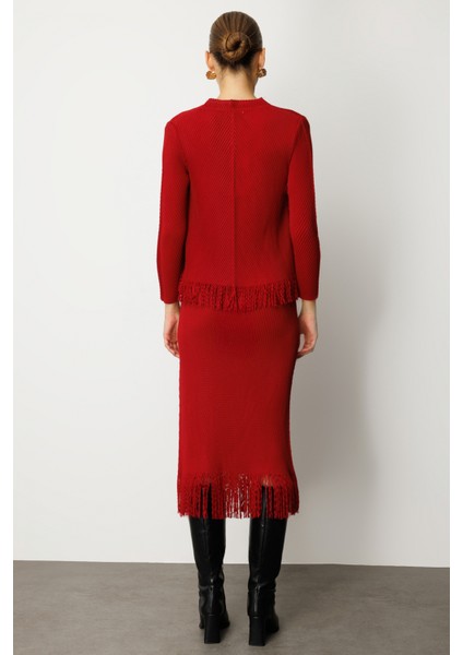 Kadın Beli Lastikli Püsküllü Etek 3911 Bordo fırsatları