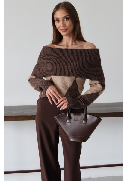Kayık Yaka Baklava Desenli Soft Triko Kazak Kahve 8282 modelleri