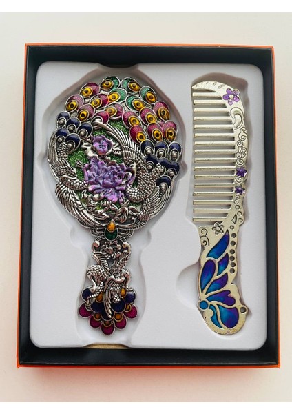 Ayna Tarak Seti, Kutulu-Metal-Hediyelik Takım, 13CM Aynalı Saç Fırçası, Tavuskuşu Figürlü