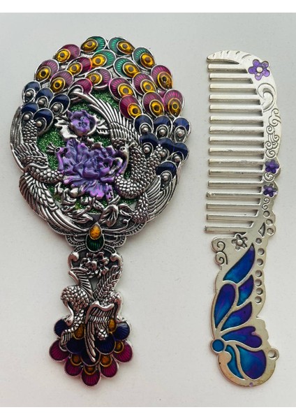 Ayna Tarak Seti, Kutulu-Metal-Hediyelik Takım, 13CM Aynalı Saç Fırçası, Tavuskuşu Figürlü fırsatları