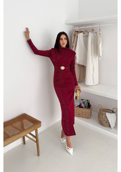 Kadın Kol Vatkalı Toka Detaylı Drapeli Maxi Elbise NBK4358 fiyatları