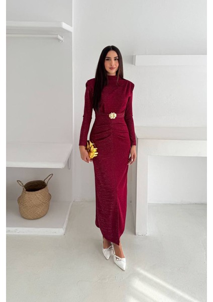 Kadın Kol Vatkalı Toka Detaylı Drapeli Maxi Elbise NBK4358 modelleri