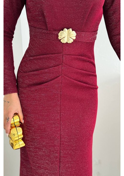 Kadın Kol Vatkalı Toka Detaylı Drapeli Maxi Elbise NBK4358 fırsatları