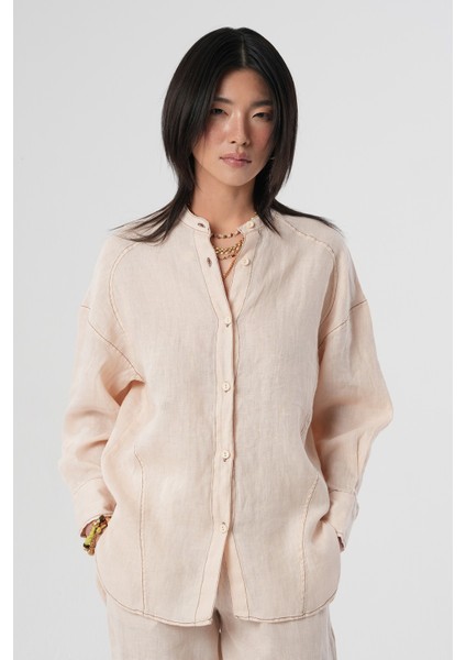 Kadın %100 Keten Hakim Yaka Ip Detaylı Gömlek