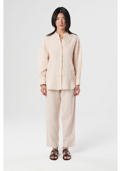 Kadın %100 Keten Hakim Yaka Ip Detaylı Gömlek fırsatları