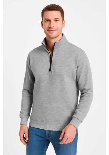 Erkek Dik Yaka Sweatshirt Dik Yaka Yarım Fermuarlı 3 Iplik Şardonlu Pamuk Kumaş - Gri fırsatları