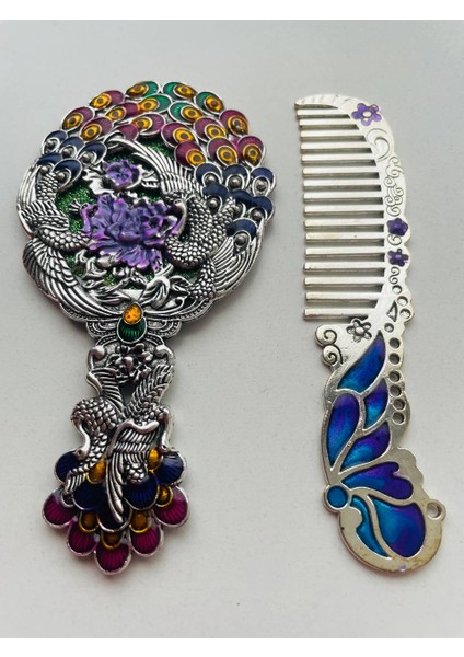 Ayna Tarak Seti, Kutulu-Metal-Hediyelik Takım, 13CM Aynalı Saç Fırçası, Tavuskuşu Figürlü