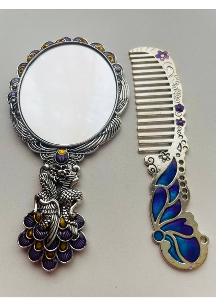 Ayna Tarak Seti, Kutulu-Metal-Hediyelik Takım, 13CM Aynalı Saç Fırçası, Tavuskuşu Figürlü