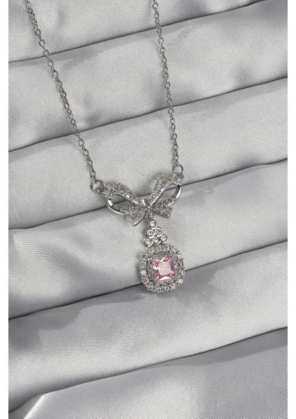 Bfs 316L Çelik Gümüş Renk Fiyonk Detay Pembe Zirkon Taşlı Tektaş Kolye