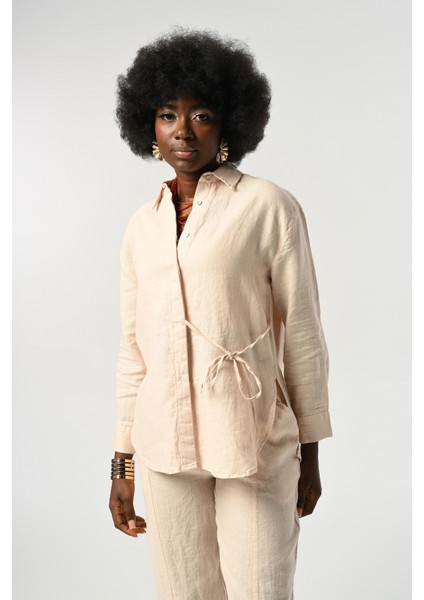 Kadın %100 Keten Önü Bağlama Detaylı Gömlek