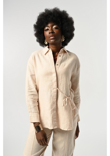 Kadın %100 Keten Önü Bağlama Detaylı Gömlek modelleri