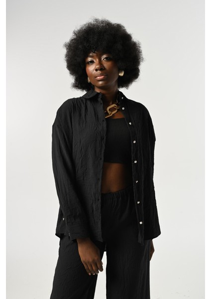 Kadın Düğme Detaylı Kırışık Kumaş Düz Renk Gömlek modelleri