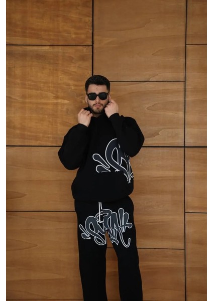 Erkek Kapüşonlu Eşofman Takım Graffiti Baskılı Oversize Rahat Kalıp, Kanguru Cepli, Streetwear Tarzında Premium Ürün 3 Iplik Pamuklu - Siyah modelleri