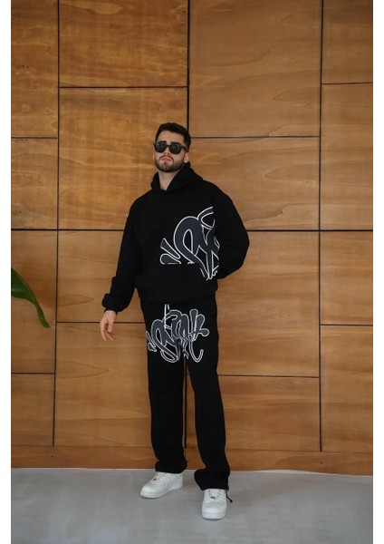 Erkek Kapüşonlu Eşofman Takım Graffiti Baskılı Oversize Rahat Kalıp, Kanguru Cepli, Streetwear Tarzında Premium Ürün 3 Iplik Pamuklu - Siyah fırsatları