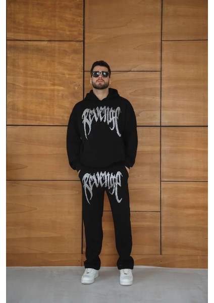 Erkek Premium Taş Baskılı Eşofman Takım Revenge Model (Siyah) Kapüşonlu Üst + Taşlı Baskılı Alt Modern Streetwear Tarzı Oversize Rahat Kalıp 3 Iplik Pamuklu - Siyah modelleri