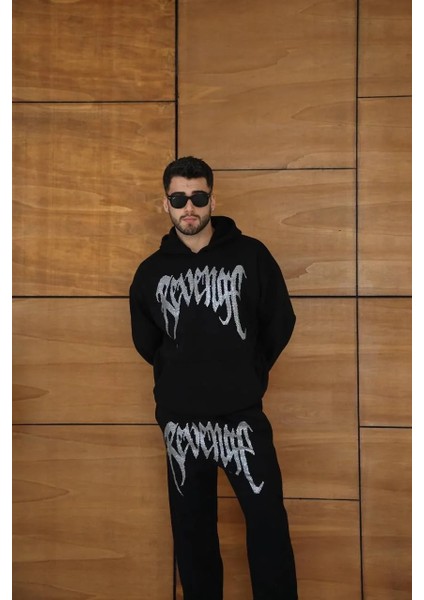 Erkek Premium Taş Baskılı Eşofman Takım Revenge Model (Siyah) Kapüşonlu Üst + Taşlı Baskılı Alt Modern Streetwear Tarzı Oversize Rahat Kalıp 3 Iplik Pamuklu - Siyah indirimleri