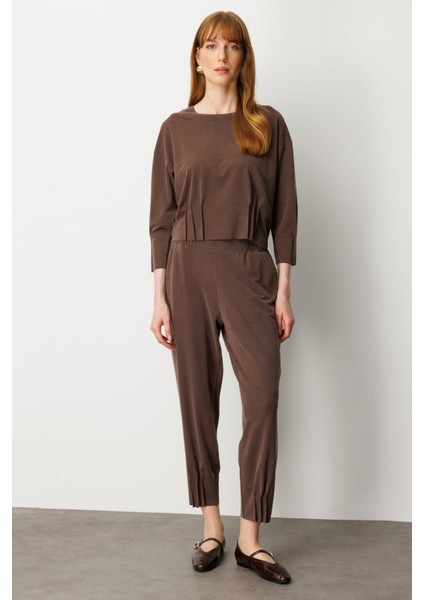 Kadın Beli Lastikli Paçası Dikişli Pantolon 64409 Kahverengi