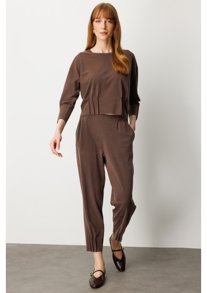 Kadın Beli Lastikli Paçası Dikişli Pantolon 64409 Kahverengi fiyatları