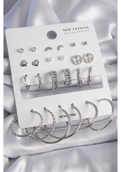 Pirinç Gümüş Renk Zirkon Taşlı 12 Çift Kadın Küpe Seti