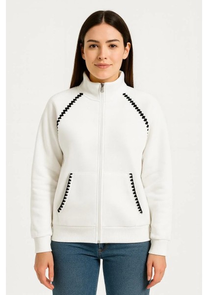 Kadın Oversize Dik Yaka Fermuarlı Sweatshirt - Zincir Nakışli Kanguru Cepli, - Beyaz fiyatları