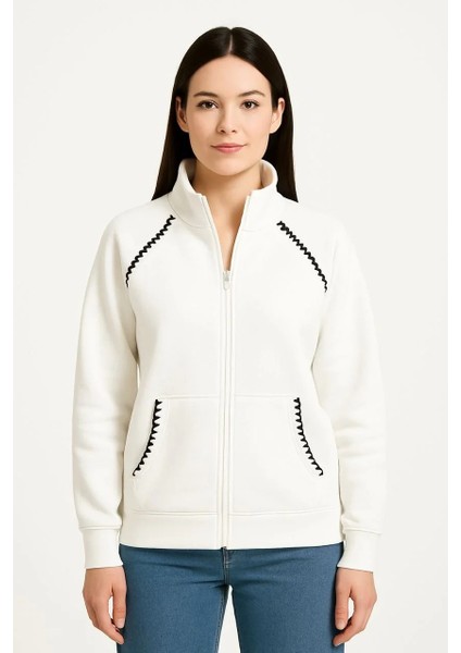 Kadın Oversize Dik Yaka Fermuarlı Sweatshirt - Zincir Nakışli Kanguru Cepli, - Beyaz modelleri