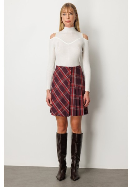 Kadın Pilise Detaylı Mini Etek 2049 Bordo